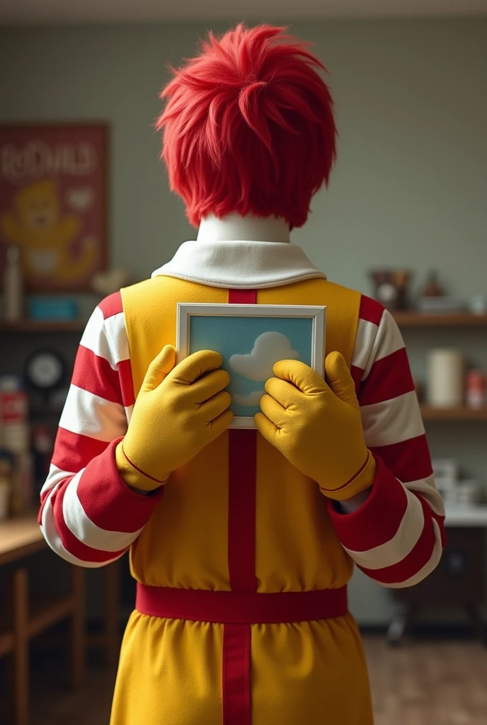 picture being held by Ronald McDonald's hands seen from behind