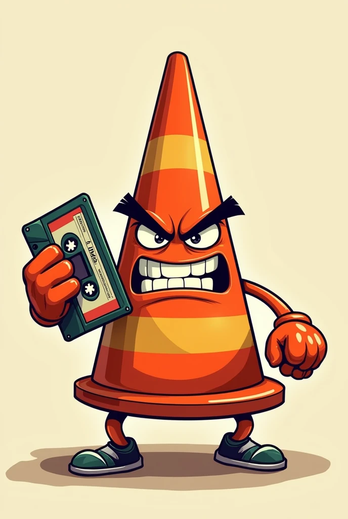 An angry traffic cone with a cassette