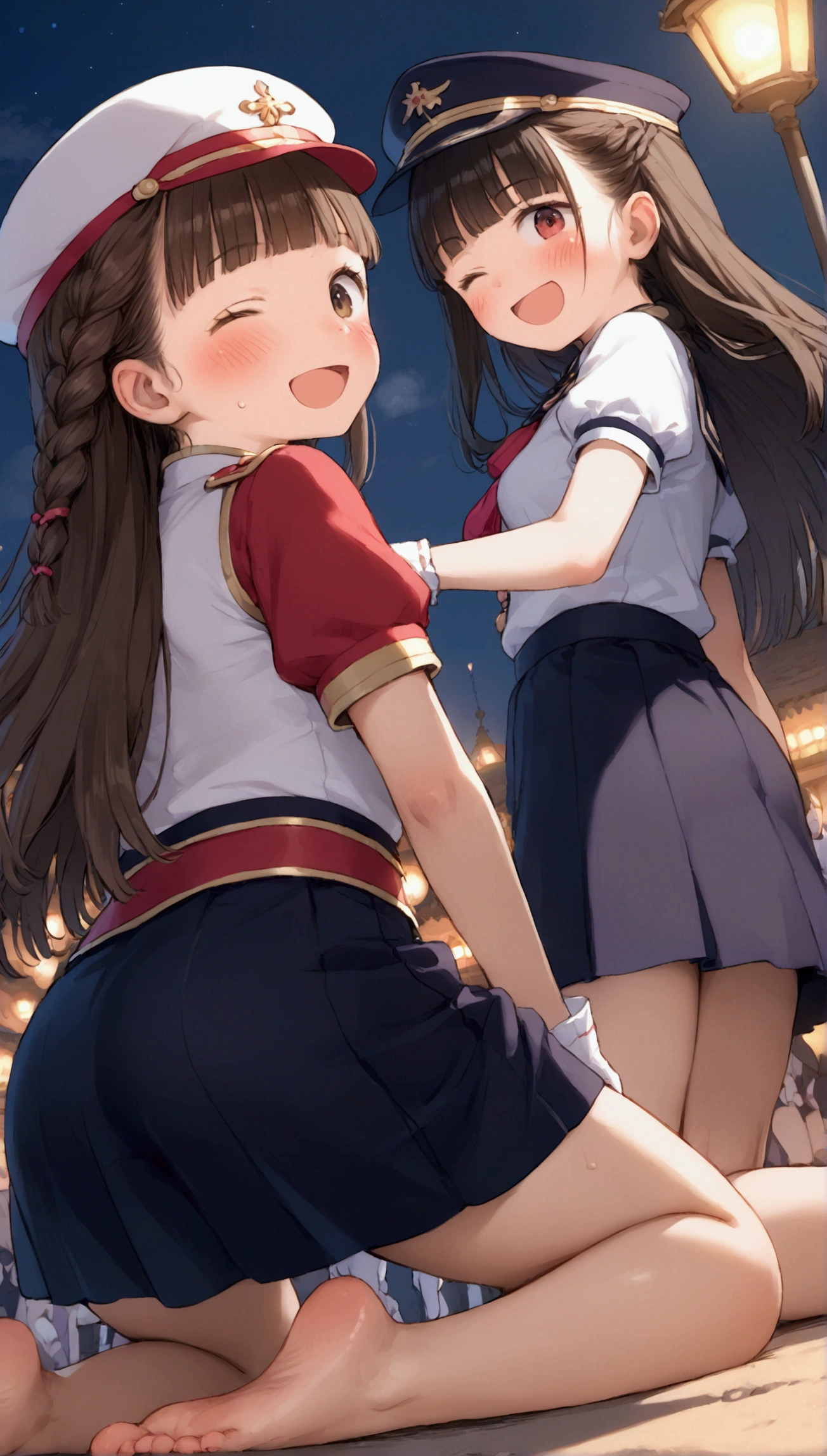 {Highest quality}, {Super beautiful},{Ultra fine},{Best illustration},Brown Hair,Hime cut,long hair,Braid,One woman,Kneeling Woman,Strike a pose,Adult women,smile,Excited face,Wink,Uniform cap,White Shirt,Short sleeve,long black skirt,White gloves,Night Festival,Blushing,Slender,barefoot,barefoot,From an angle,From below,Spread your legs,Sole,Back view

