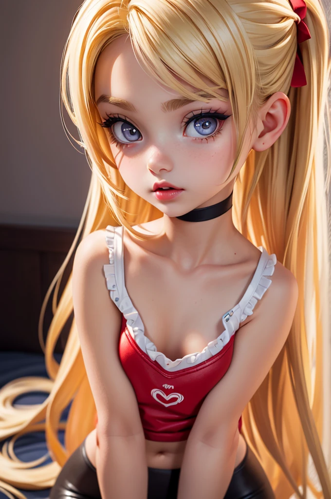 hyperrealistic  american teen, blondittle, perfect tiny body, sexy, dark makeup, perfect slim face, big red lips, very cute face, tiny body, big eyes, young looking, childish looking, leggings