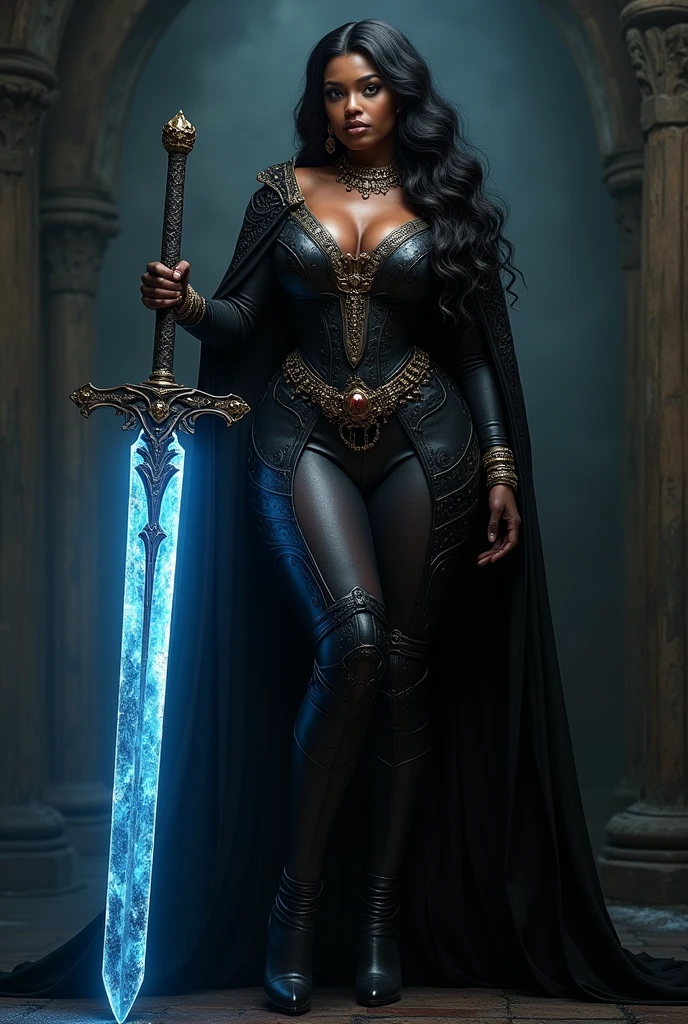 strong black woman with long wavy hair, with big breasts wearing a black medieval outfit and holding a blue ice sword, with a striking and sexy look 