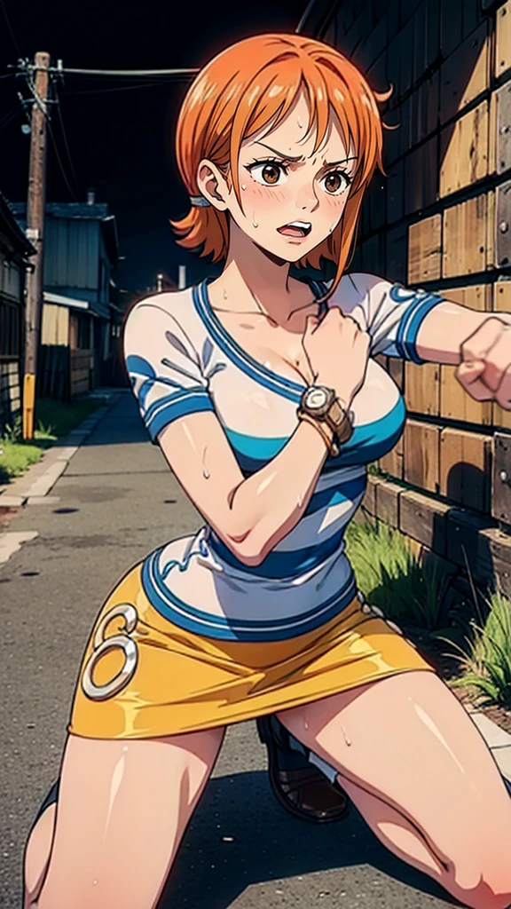{{Animated images of theatrical animation quality}},Dynamic composition,dutch angle,from below,{{on one knee}},small face (of a woman),{{{masterpiece}}, {{{Highest quality}}},{{Very detailed}},{{1girl,30years old,{Mature Woman}},{{tall}},{{Adult female}},sharp look,{{Fighting stance}},{{nami (one piece), short hair, orange hair, brown eyes, cleavage, striped shirt, white shirt, short sleeves, bracelet, miniskirt, yellow skirt}},{fighting stance}},{White lace bra},{}, ,{{}},{{}},,{{blushing with anger}},{{}},,{{}},{{}},,Slender body}}{{Avoidance}}{Wrinkles ,amount,Grit your teeth,suffering,v-shaped eyebrows.,Sweat dripping,Medium chest ,get annoyed,,Slums,,Twisting