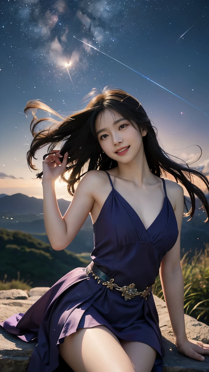 (logo、masterpiece、8k、Tabletop、RAW Photos、wonderful、最high quality、フォトリアルでVery detailedなCG合成8k壁紙、high quality、Very detailed、Narrative poem、Particle Effects、Dynamic Effects、Depth of the Boundary)What is written is、Cinematic Light、Lens flare、Ray Tracing)、Fantasy、(Purple Dress)、(night、night空、Starry Sky、full moon)、(Girl looking up at the sky)、sit、cute、Japanese style、 (smile)、Long Hair、Strong winds、(Hair blowing in the wind)、Natural light、moonlight、(Horizontal photography)、(chest emphasis)、(Low position)、(Low - Angle)