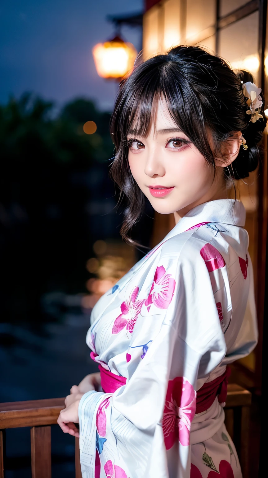 (logo、masterpiece、8k、Tabletop、RAW Photos、wonderful、最high quality、フォトリアリスティックでVery detailedな CG 複合 8k 壁紙、high quality、Very detailed、Narrative poem、Particle Effects、Dynamic Effects、Depth of the Boundary、Cinematic Light、Lens flare、Ray Tracing)、 (One beautiful woman wearing a yukata、White yukata、Light purple pattern)、Black-haired、High definition skin、Very fine、Fine skin texture、Beautiful Face、True Face、Beautiful details in the eyes、Realistic eyes、Beautifully detailed eyes、Realistic Skin、Beautiful Skin、Surreal、Smiling Eyes、Hair and light eyes、vivid、Colorful lights and bokeh、plump lower lip、Pink Lips、Hair flutters in Wind、Hair bounces、wonderful景色、night、evening、Wind、moonlight、moonlight、light