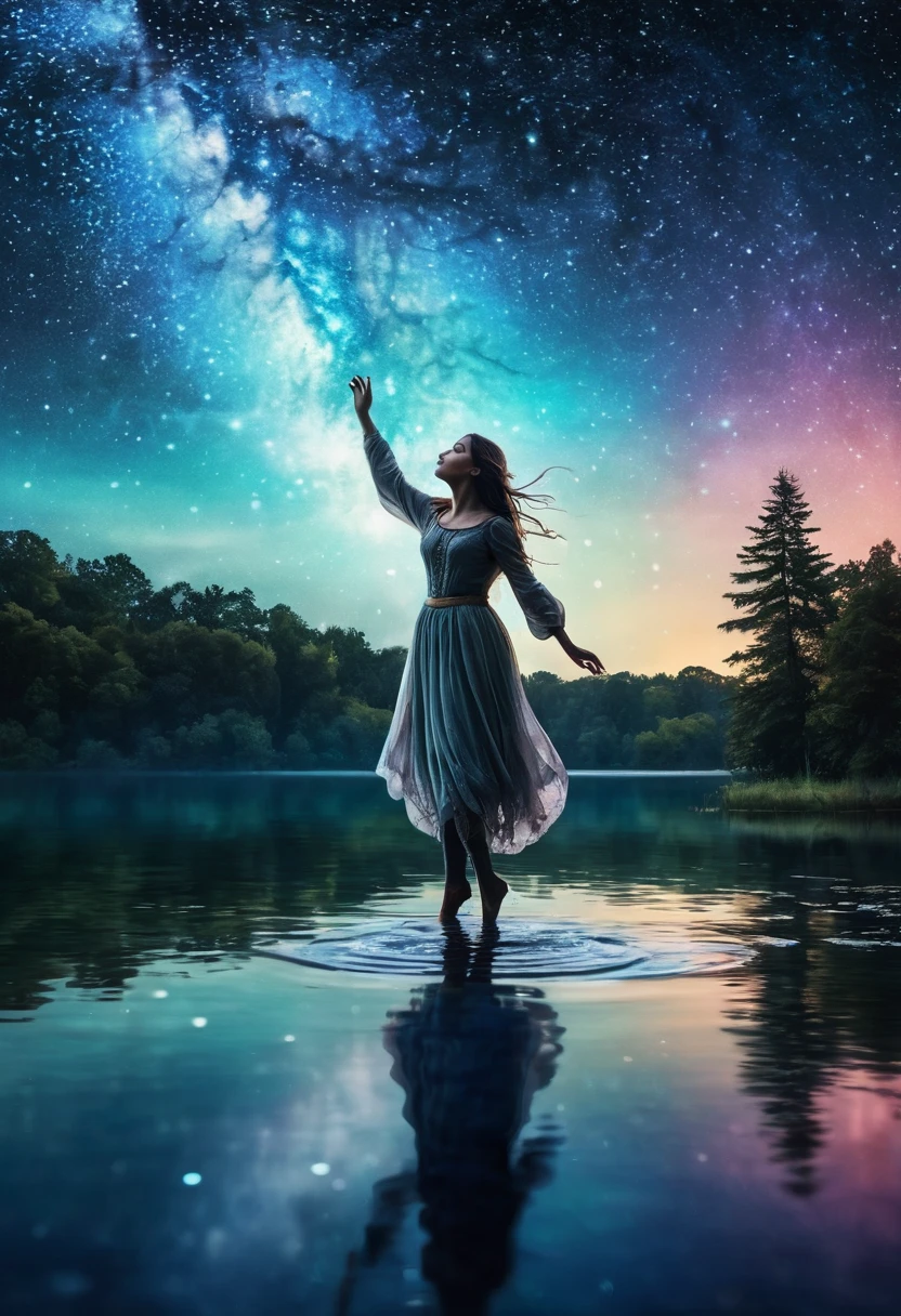 A ghostly girl, Levitating over the water of a lake, Beautiful medieval appearance, Night sky with stars and milky way., horror tones, oil painting, (Best Quality,4k,8k,High resolution,masterpiece:1.2),ultra detailed,(realist,photorealist,photo-realist:1.37),HdR,HD,studio lighting,Ultrafine paint,sharp focus,physically based rendering,extreme detailed description,professional,vivid colors,bokeh,Portraits,landscape,horror