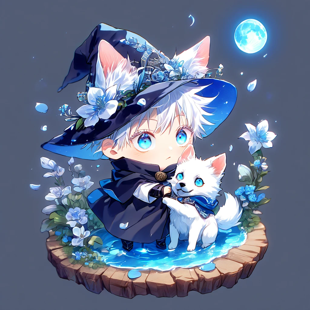 absurdres, highres, ultra detailed, HDR, master piece, Gojou Satoru as chibi, white hair with bangs, white eyelashes, expressive blue eyes, boy hugging a small wolf, white dog, expressive blue eyes, Jujutsu Kaisen, magical hat, cute, best quality, blue moon, flowers, fantasy, magical, solo, water, blue shining fireflies, blue petals, cape, the word "Krozseria" is written on his shirt,