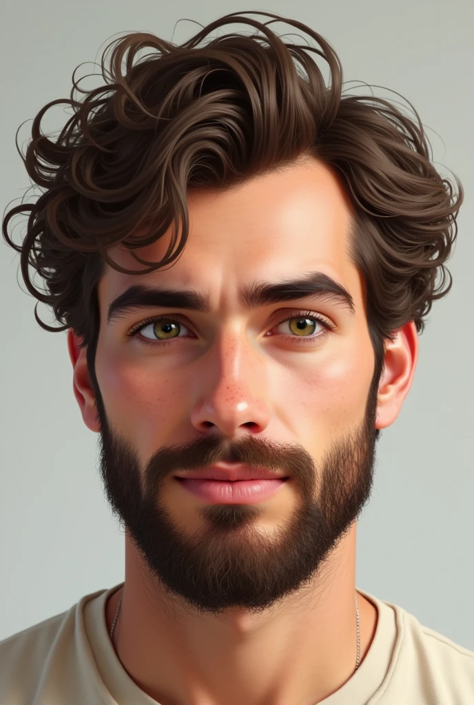 Create a man according to the reference: A man of 25 years old, white of big green eyes, medium brown curly hair, pointy nose, drawn mouth, closed beard, thin chin, Oval face.