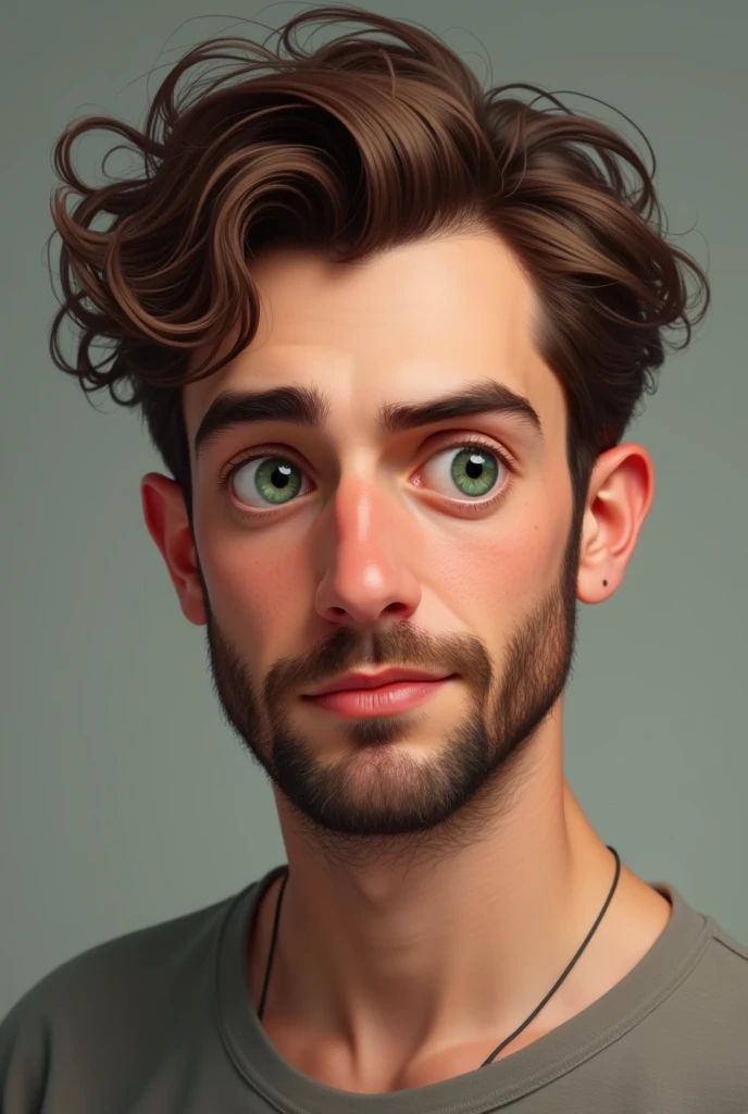 Create a man according to the reference: A man of 25 years old, white of big green eyes, medium brown curly hair, pointy nose, drawn mouth, closed beard, thin chin, Oval face.