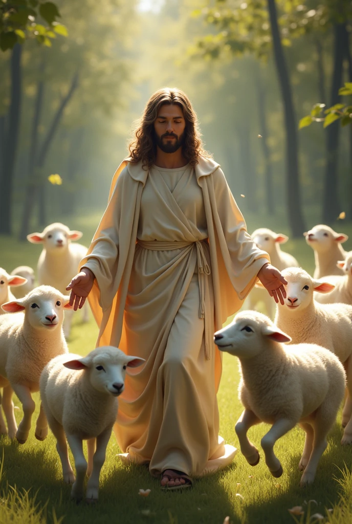 Illustrate the transformation of animals, going from being wild creatures to gentle lambs. Lambs should show a joyful and peaceful attitude, jumping and playing around the Lady (the virgin mary help of Christians) and the male figure (Jesus). The transition from wild animals to lambs should be obvious.