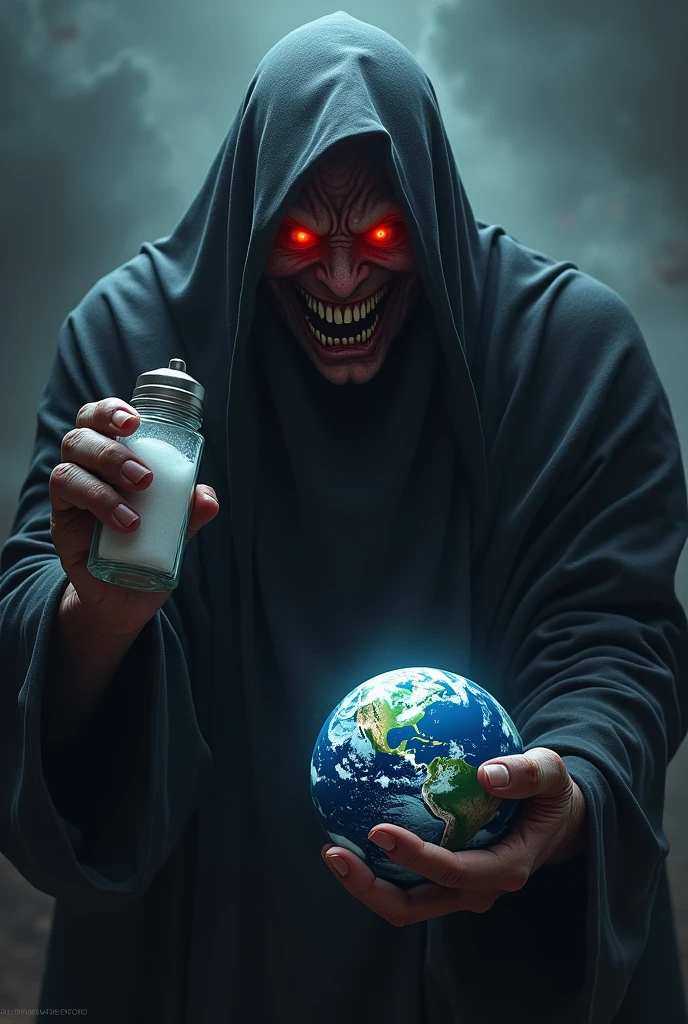 Un démon qui a dans une main une salière on aperçoit des yeux rouges et un sourire, son visage est caché par un drap. Le démon est dans l'espace et tient la planète Terre dans son autre main