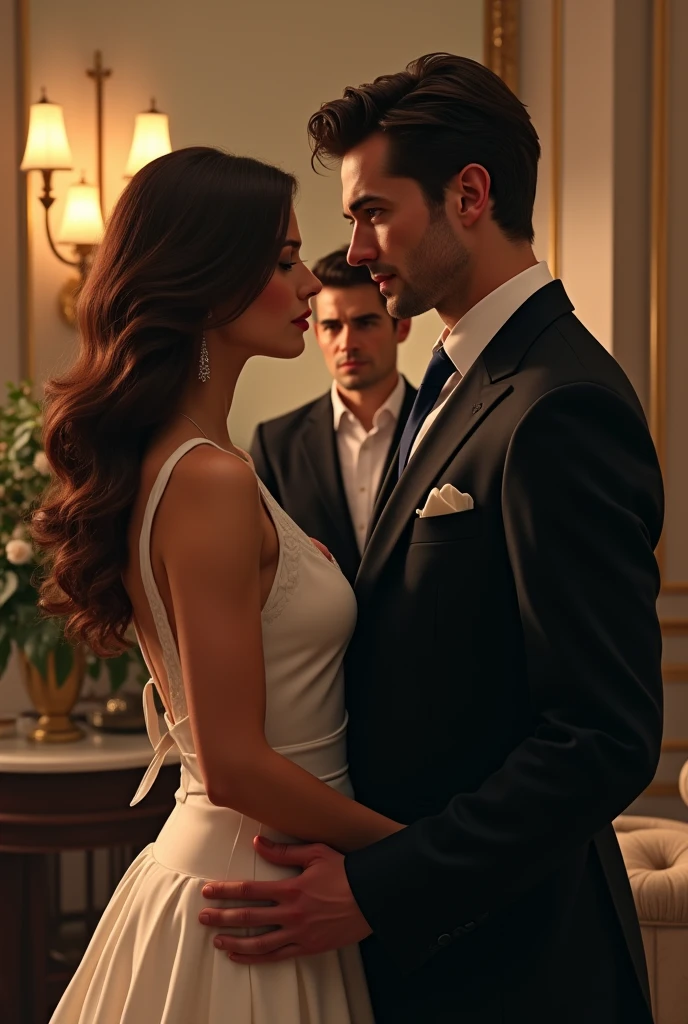 A young woman and would be 25 years old, brown hair and dark skin. Next to her, a serious, high-class 30-year-old man in a suit staring at her.. Behind them another angry jealous guy.