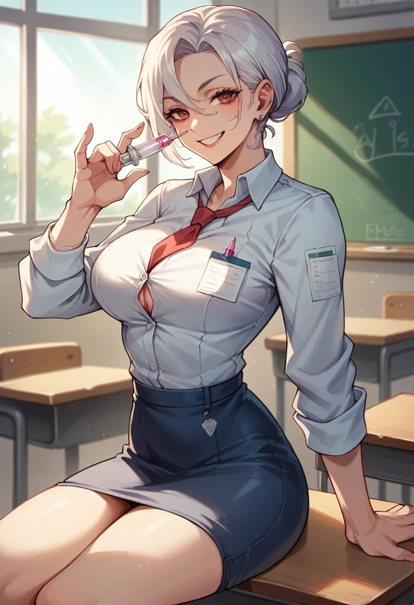 A busty doctor in uniform in a classroom with a syringe in her hand smiling kindly