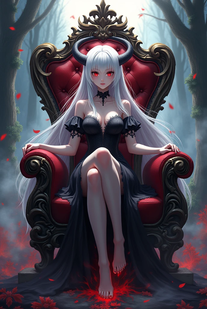 Demon anime girl with long white hair and red eyes sitting on a demon throne