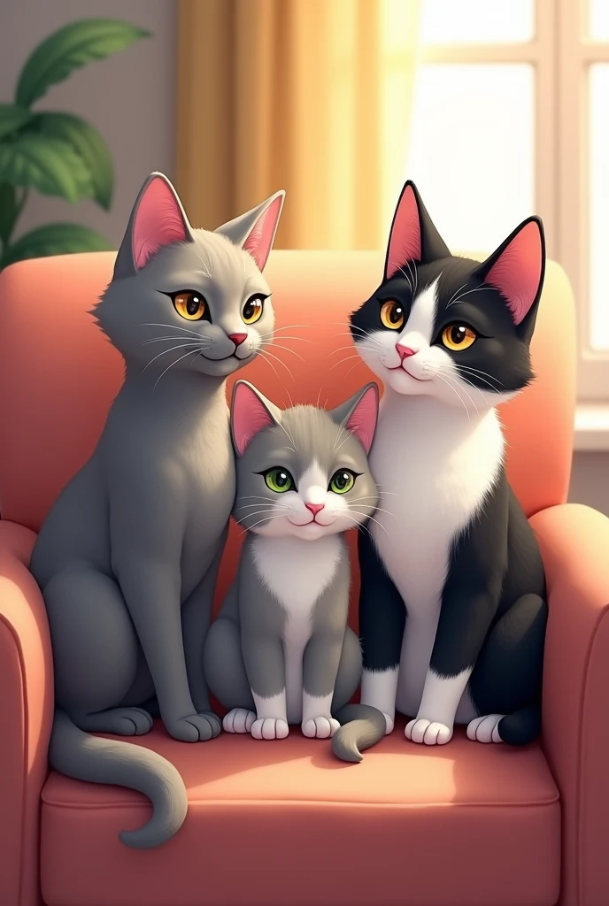 A not very chubby gray cat, a gray and white mixed cat, a black and white cat