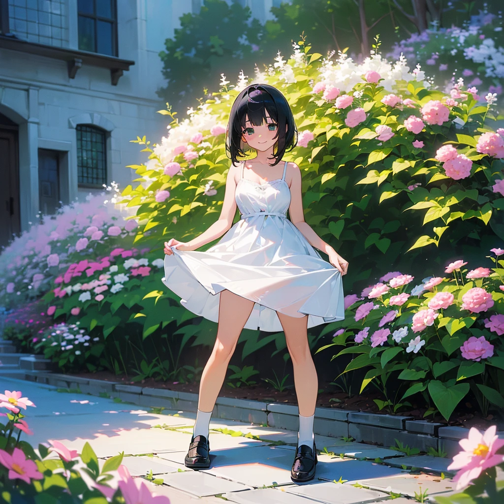 (high quality, High resolution, Very detailed, reality:1.37), Peaceful atmosphere, (Outdoor, garden), Teenage girl standing alone, (my breasts are big.), Beautiful details, Cute Smile, (Black bob hair), White camisole dress, White socks, loafers.