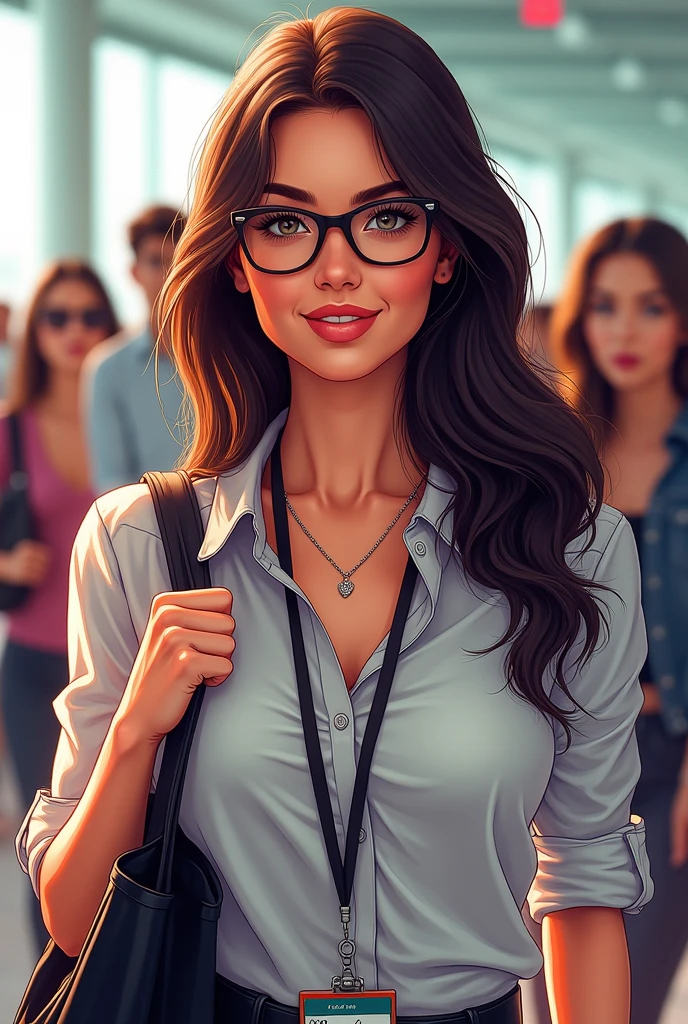 Colorful, high-contrast, digital illustration of a woman with long, wavy hair and glasses. She has a fair complexion and is wearing a buttoned-up shirt with a necklace and a lanyard around her neck. The woman is holding a bag in one hand and appears to be in a busy, indoor setting with blurred figures in the background. The image has a professional and sophisticated tone, with the subject exuding confidence and poise. The colorful palette adds a touch of vibrancy and warmth to the overall atmosphere.