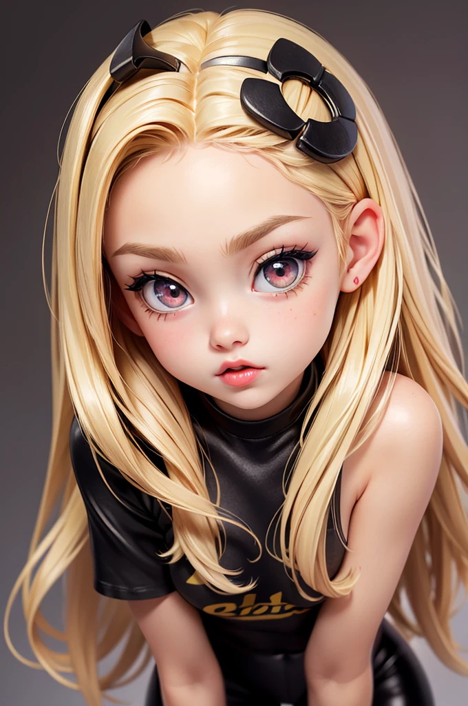 hyperrealistic 14 year old american teen, blonde, little, perfect tiny body, sexy, dark makeup, small choker, perfect slim face, big red lips, very cute face, tiny body, big eyes, young looking, childish looking, perfect belly, lying on her bed, SFW
