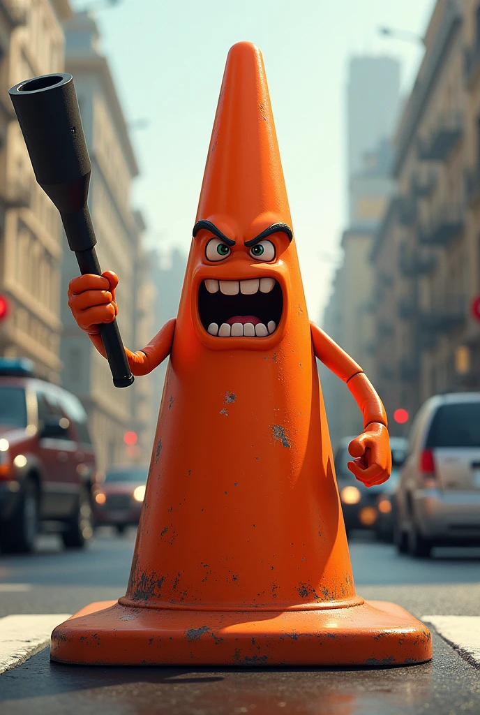 An angry traffic cone with a baton 