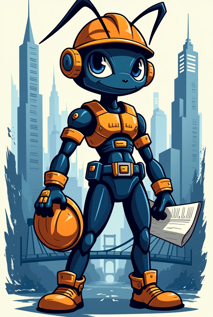 Create a weaver ant mascot with a civil engineering and architecture theme using, use dark blue and orange for the uniform with enginner tool 