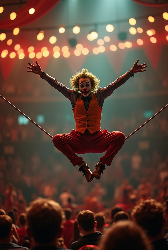 Circus and fun, lots of games, clowns playing, artists on the trapeze, thanking and happy, people applauding, inside the circus,Joker performs, best quality, work of art, very aesthetic, perfect composition, intricate details, Ultra-detailed