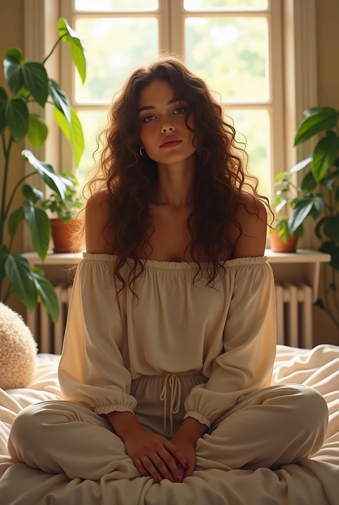 (photorealism:1.2), beautiful woman, sitting on bed, wearing loose off-shoulder top, pajama pants, long curly hair, indoors, soft lighting, plants in background, window with sunlight, cozy room, relaxed pose, realistic, intricate details, warm colors, by Greg Rutkowski, by Alphonse Mucha