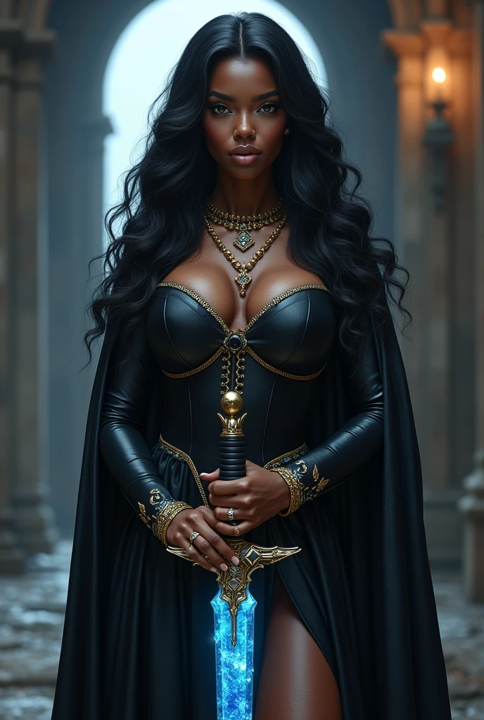 strong, full-bodied black woman with light brown eyes and long, wavy hair, with big breasts and a thin waist wearing a black medieval outfit and golden jewelry and holding a blue ice sword, with a striking and sexy look