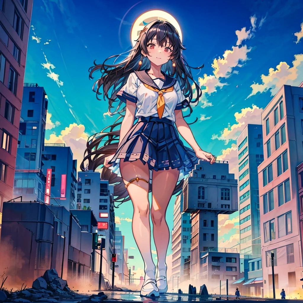 Composition viewed from below ((evening)) ((sunset)) ((sunset)) blue sky cumulonimbus masterpiece ((Brown skin)) ((Sunburn)) Anime Style Delicate painting 4K 90's giant Multiple Girls crowd ((Black Hair)) Metropolis crowd Crowd of people ((A giant schoolgirl standing in the valley of a skyscraper city)) Metropolis Tokyo Akihabara Electric Town Big Breasts Sailor suit Her underwear is visible Sweating profusely Splash sneakers White socks watch Black Hair smile female giant giant girl Whole body Crowd Unreal Engine,cleavage ,a drawing of a , earrings, long hair,Cute picture Beauty Analog style whole body sneakers