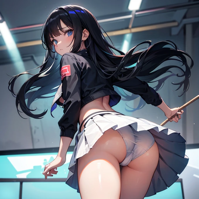 One girl, masterpiece, Highest quality, Absurd, Long black hair,(Glowing Skin:1.1), (Show your underwear:1.3), From below, ass pov , Close the lower body , White underwear, Recall, mini skirt, Tiered skirt, (Stick your butt out:1.3)、The bite is obvious,Realistic meat,Backlight,Shiny Hair"Glowing Skin,Glamorous Body,Dynamic Angle,The bite is clear,Ultra low angle,Crotch POV,