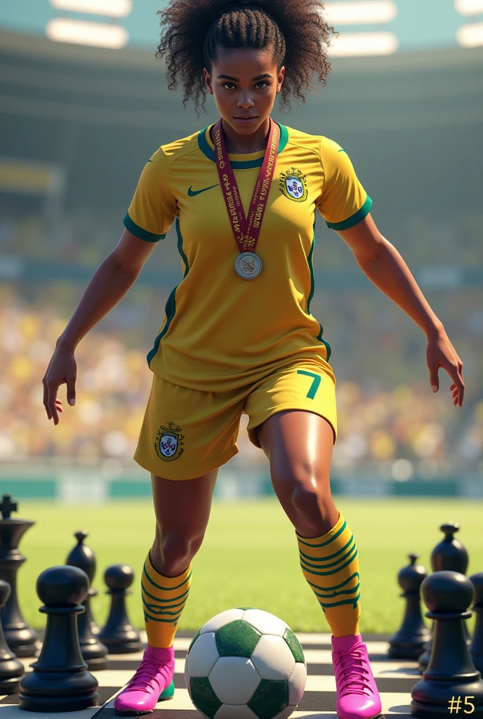 a brown woman, curly hair tied up, one meter and 60, more or less 65 kg, Sao Paulo FC short 7, Sao Paulo FC shirt number 7, Sao Paulo FC midfielder, pink boot, with a soccer ball, a chessboard and many first place medals around his neck