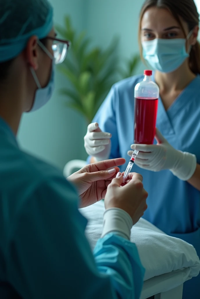 I want there to be two people in the scene, the doctor, The patient is slightly frightened by the wrong blood transfusion that they are giving her (I want the blood bag and the injection to be seen)