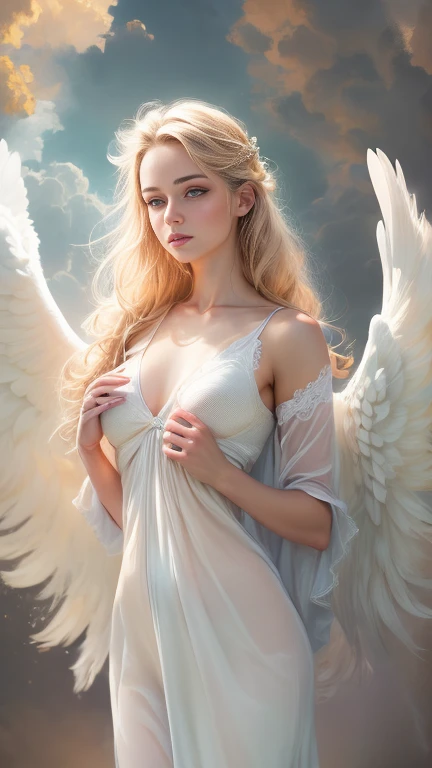 (Highest quality,High resolution,masterpiece:1.2),Very detailed,(Realistic,Realistic,Realistic:1.37),(Highest quality,High resolution), (whole body:1.4), angel of heaven, A beautiful angel looking down gently,(Perfectly toned body:1. 4), Glowing golden eyes, Long eyelashes, Wavy blonde hair, Breathtakingly beautiful (Sheer white dress, Moisturized Skin, Small breasts, Beautiful nipples, Beautiful pubic hair: 1. 4), (Angel Halo, Slightly larger angel wings:1.2), Sun, blue sky and clouds background, Soft and calming colors, A gentle breeze, Bright and atmospheric lighting, Transcendent, Otherworldly atmosphere, (Browsing Caution: 1.4).