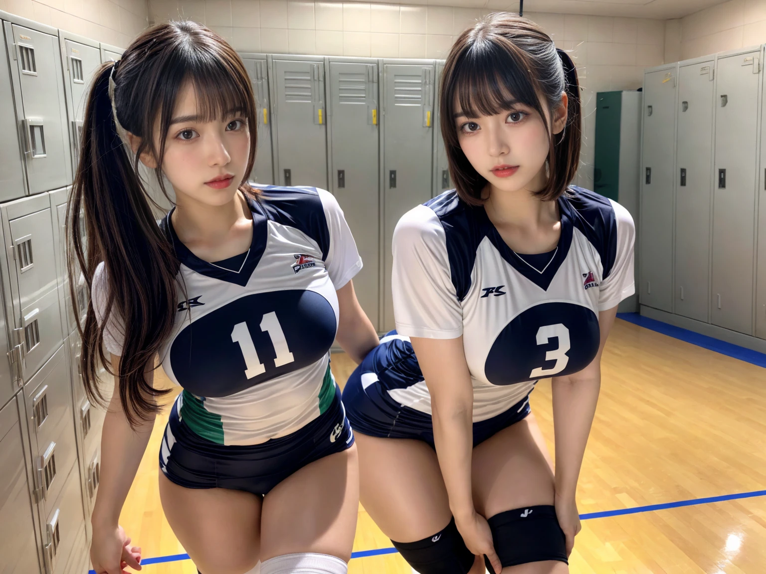 masterpiece, best quality, illustration, Super detailed, fine details, High resolution, 8K,wall paper, perfect dynamic composition,(Details High quality, realistic depiction of eyes:1.3), (2 girls), (short hair volleyball player, Volleyball Uniforms), Tight clothes, locker room, (large breasts), black hair color, Big Natural Color Lip, bold sexy pose, (perfect body shape), Do gal makeup, sexy face, Harajuku style、20 year old girl、cute type、lolita、beautiful legs, hposing Gravure Idol,