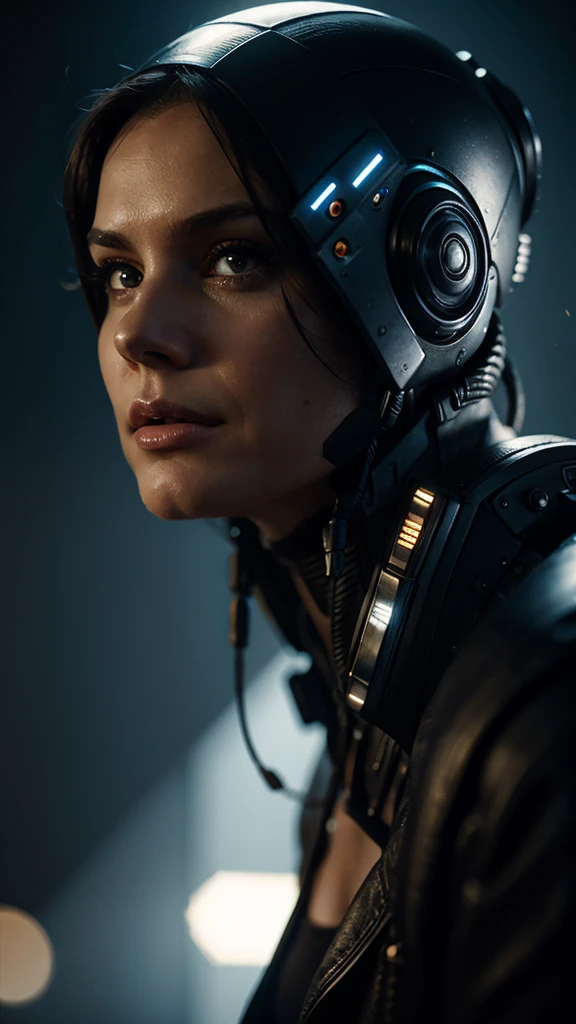 Realistic portrait style, woman, (cyberpunk:1.2), cinematic film still, lights, noir, modern, , (sleek), Cybernetic, Luis Royo , (ross tran, Alphonse Mucha's, Erwin Blumenfeld), Albert Watson
