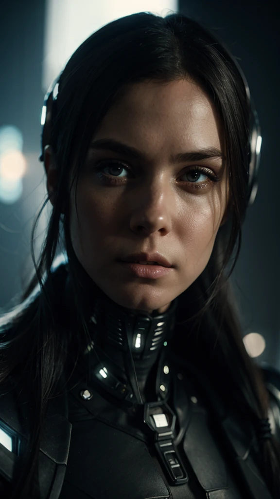 Realistic portrait style, woman, (cyberpunk:1.2), cinematic film still, lights, noir, modern, , (sleek), Cybernetic, Luis Royo , (ross tran, Alphonse Mucha's, Erwin Blumenfeld), Albert Watson