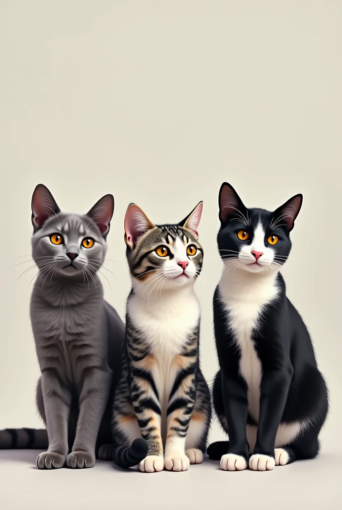 A not very chubby gray cat, a gray and white mixed cat, a black and white cat