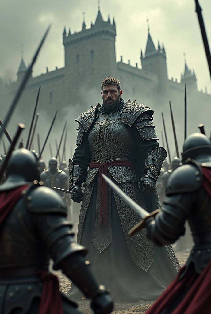 a medieval battle scene, a heroic king defending his throne, dramatic lighting, highly detailed, intricate armor, clash of swords, cinematic composition, epic fantasy, oil painting style, muted colors, chiaroscuro lighting, atmospheric haze, dynamic poses, intense expressions, castle in the background, (best quality,4k,8k,highres,masterpiece:1.2),ultra-detailed,(realistic,photorealistic,photo-realistic:1.37),cinematic,dramatic,epic,medieval,fantasy,oil painting,chiaroscuro,muted colors,atmospheric