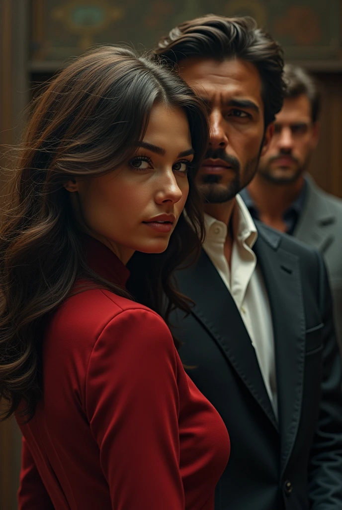 A young woman and would be 25 years old, brown hair and dark skin. Next to her, a serious, high-class 30-year-old man in a suit staring at her.. Behind them another angry jealous guy.