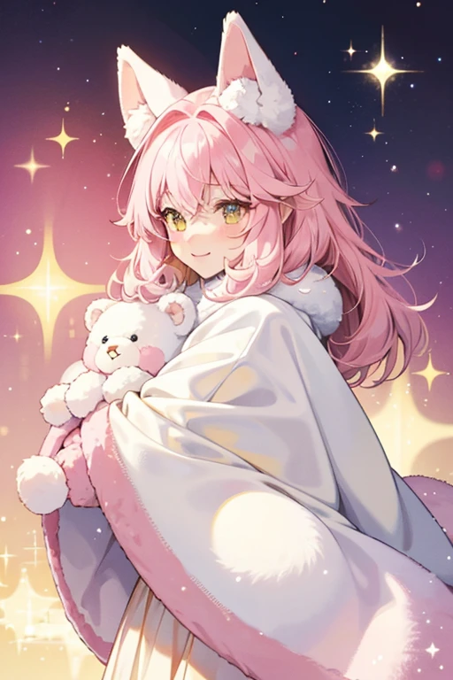 Blankie is a fluffy pink girl bear with a white muzzle and yellow inner ears. SPARKLE; GLITTER