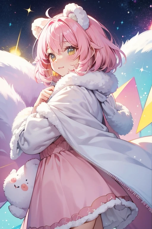 Blankie is a fluffy pink girl bear with a white muzzle and yellow inner ears. SPARKLE; GLITTER