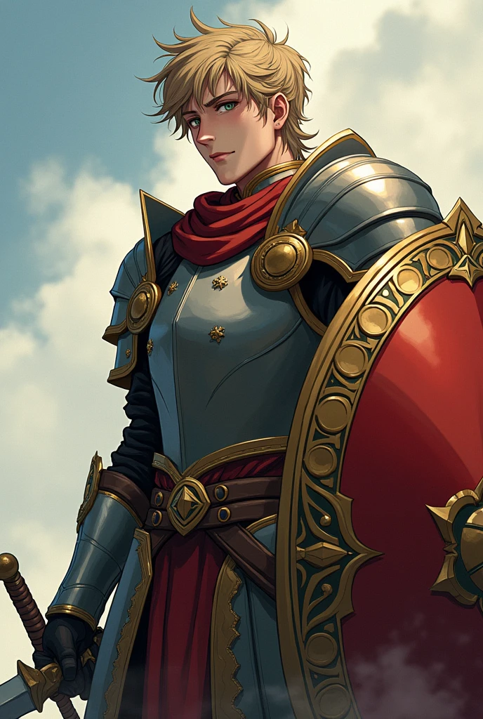 Anime 25 years old male paladin with a determined expression, wearing detailed holly armor and brandishing a sword in a hand and a large shield in the other, the armor its heavy