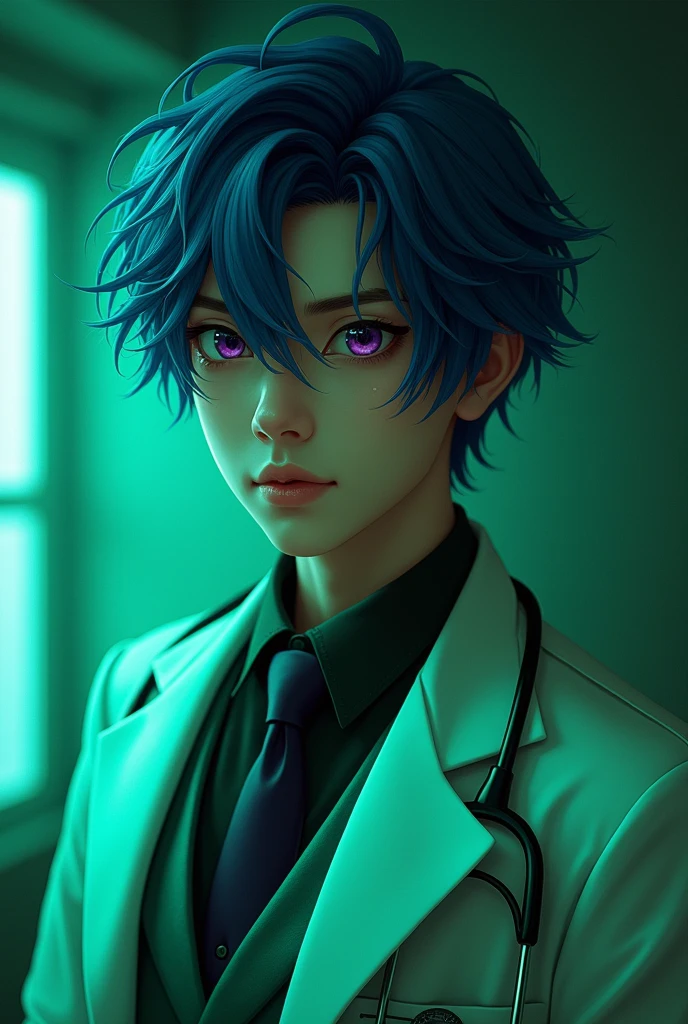 a beautiful male portrait, blue hair, perfect green and purple eyes, with a handsome smile wearing a doctor's halloween costume, dramatic studio lighting, rococo, baroque, greens, asian, hyperrealism, closeup, fantasy, intricate, elegant, highly detailed, digital painting, artstation, octane render, 8k, concept art, matte, sharp focus, cyberpunk art style, lofi art, tokyo background, anime male aesthethic, cyberpunk illustation, cyberpunk theme 1boy