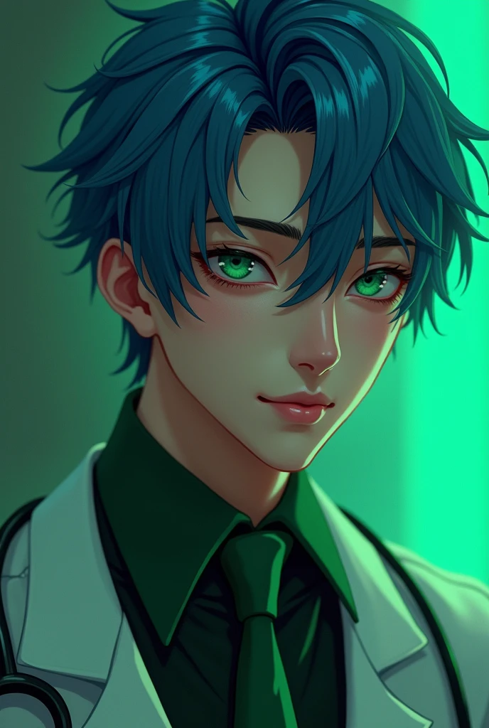 a beautiful male portrait, blue hair, perfect green and purple eyes, with a handsome smile wearing a doctor's halloween costume, dramatic studio lighting, rococo, baroque, greens, asian, hyperrealism, closeup, fantasy, intricate, elegant, highly detailed, digital painting, artstation, octane render, 8k, concept art, matte, sharp focus, cyberpunk art style, lofi art, tokyo background, anime male aesthethic, cyberpunk illustation, cyberpunk theme 1boy