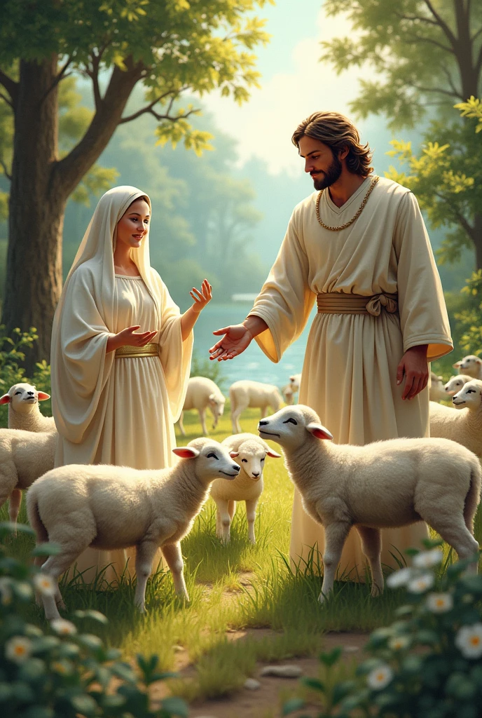 Illustrate the transformation of animals, going from being wild creatures to gentle lambs. Lambs should show a joyful and peaceful attitude, jumping and playing around the Lady (the virgin mary help of Christians) and the male figure (Jesus). SHOW BOTH IN THE DRAWING. The transition from wild animals to lambs should be obvious.