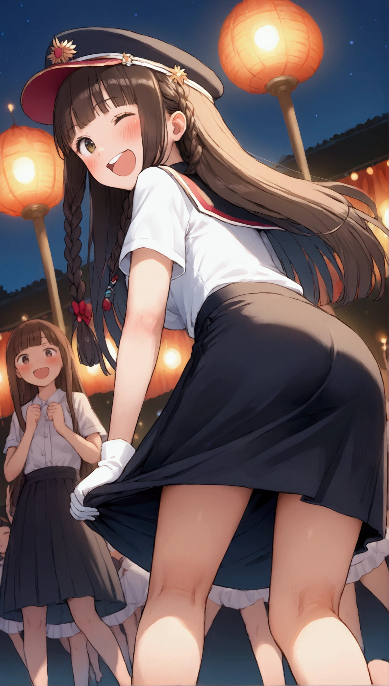 {Highest quality}, {Super beautiful},{Ultra fine},{Best illustration},Brown Hair,Hime cut,long hair,Braid,One woman,Standing Woman,Strike a pose,Adult women,smile,Excited face,Wink,Uniform cap,White Shirt,Short sleeve,long black skirt,White gloves,Night Festival,Blushing,Slender,barefoot,barefoot,From an angle,From below,Leaning forward,Spread your legs,Sole,Back view