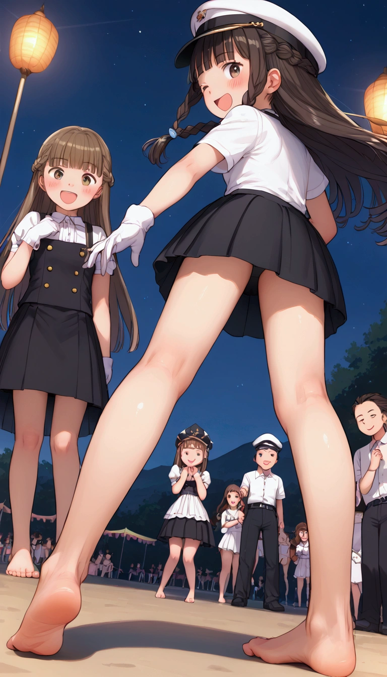 {Highest quality}, {Super beautiful},{Ultra fine},{Best illustration},Brown Hair,Hime cut,long hair,Braid,One woman,Standing Woman,Strike a pose,Adult women,smile,Excited face,Wink,Uniform cap,White Shirt,Short sleeve,long black skirt,White gloves,Night Festival,Blushing,Slender,barefoot,barefoot,From an angle,From below,Leaning forward,Spread your legs,Sole,Back view