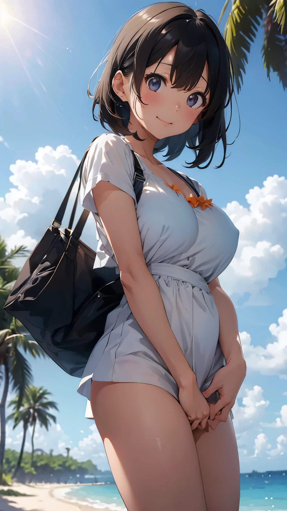 (Cute Smile、Kana Hanazawa、Girl with short black hair、Cute orange hair clip)、((Clothed Big Tits、A white blouse clinging tightly to a dark blue bra、Light blue long flare cart、Pure white cute underwear))、barefoot、barefoot、((Sandy beach, sea and blue sky))、((The face is in focus and the background is blurred、Shallow depth of field))、Realistic、Standing posture、((Moderately large breasts、Closer valley))