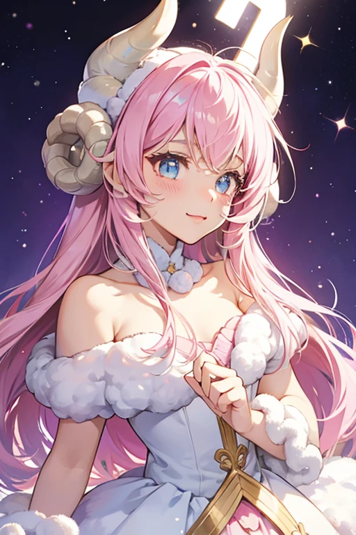 Bailey is a fluffy pink girl sheep with light blue ears, a white face, and yellow horns. SPARKLE; GLITTER