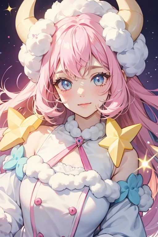 Bailey is a fluffy pink girl sheep with light blue ears, a white face, and yellow horns. SPARKLE; GLITTER