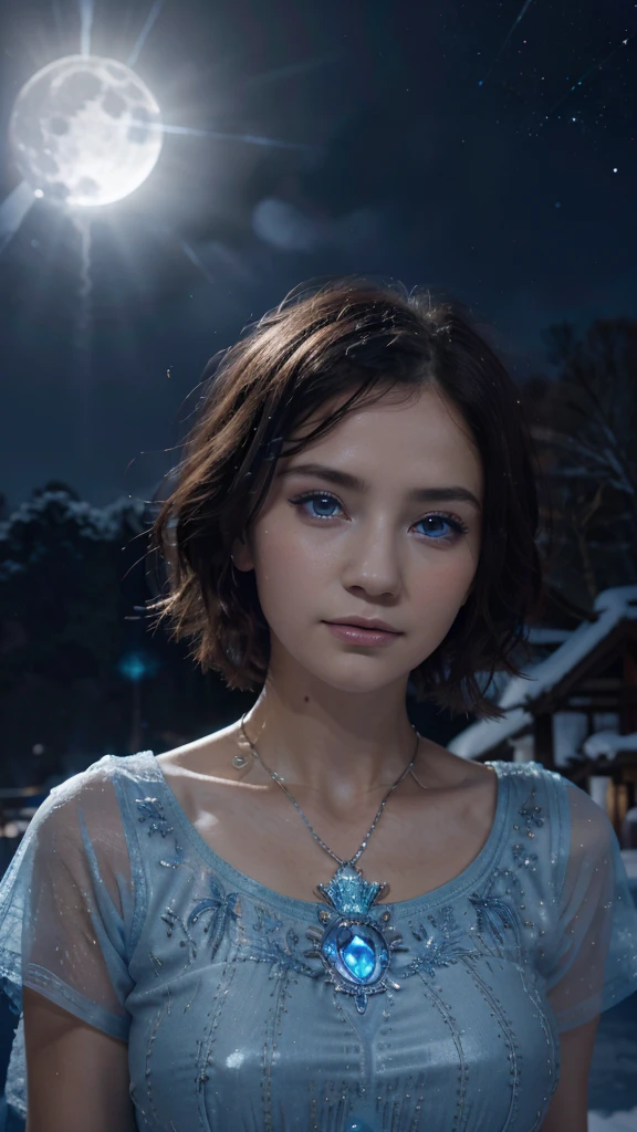 night, ((1 girl)), alone, masterpiece, 8k wallpaper, highres, absurdres, high quality background, short hair, black hair, multicolor hair, beautiful frozen village, (full bright moon), blue dress, detailed dress, jewelry dress, (magic:1.2), blue fire, blue eyes, glowing eyes, fire, ice goddess, (blue detailed beautiful crown), electricity, blue electricity, blue light particles