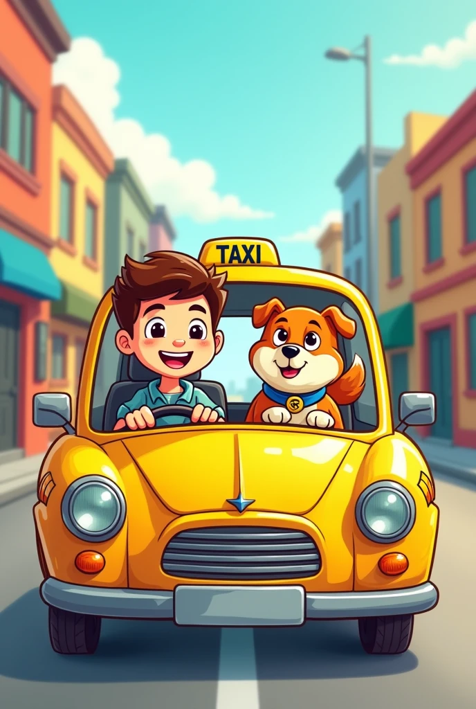 an image in cartoon of pet taxi where is 1 person and 1 dog in frame. the dog sitting nicely at the back seat passanger while the driver driving, they all smiling